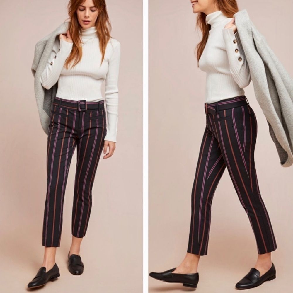 Anthropologie the Essential Slim Black Striped Belted Trouser Pants